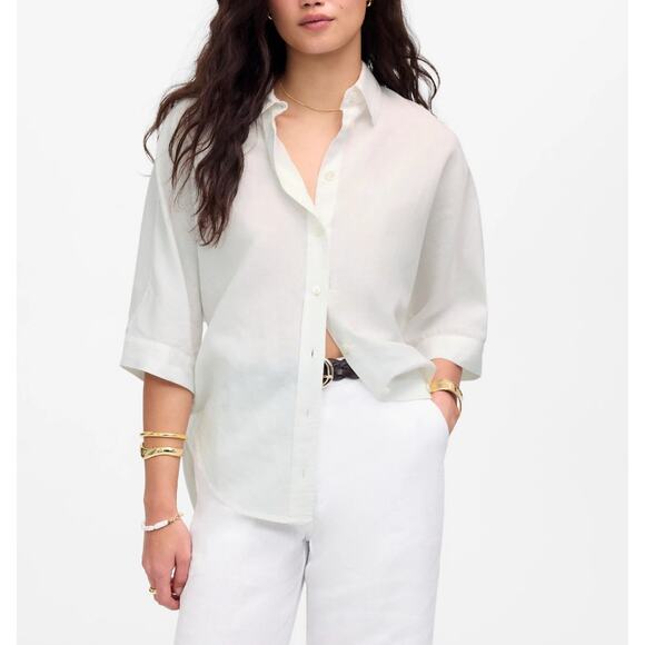 Madewell Oversized Pleated-Sleeve Button-Up Shirt Womens XS White Linen Cotton - Picture 1 of 7
